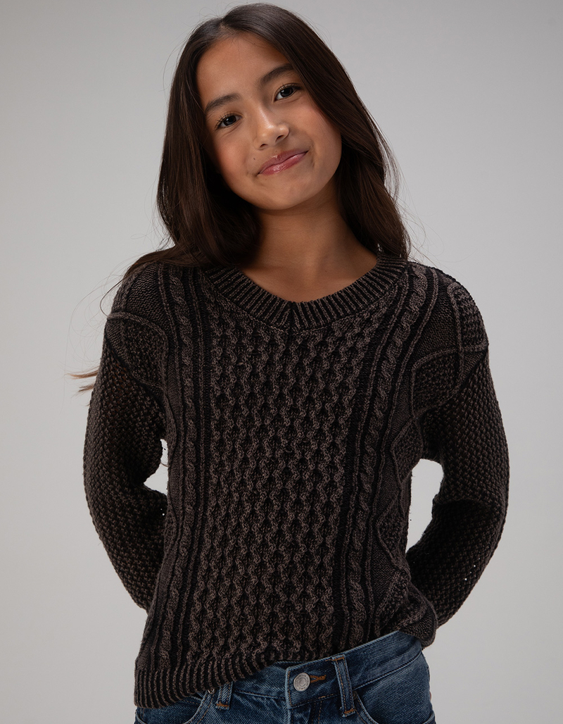 FULL TILT Girls Washed Cable Knit V-Neck Sweater image number 0