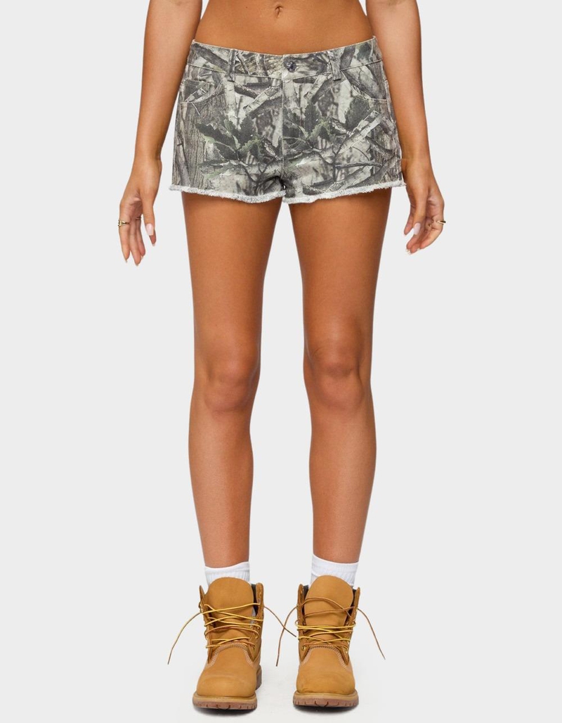 EDIKTED Joyce Camo Low Rise Denim Shorts image number 0
