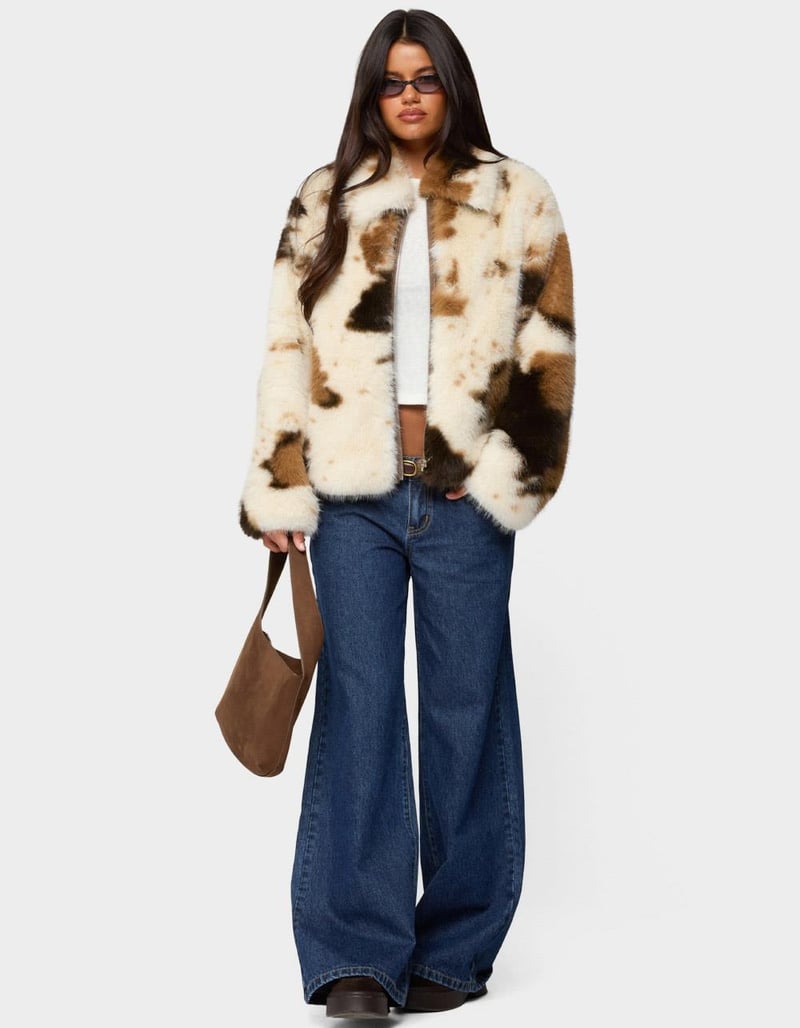 EDIKTED Rayan Cow Print Faux Fur Jacket image number 4