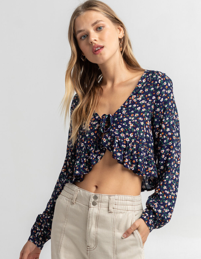 FULL TILT Tie Front Ruffle Womens Babydoll Top image number 0