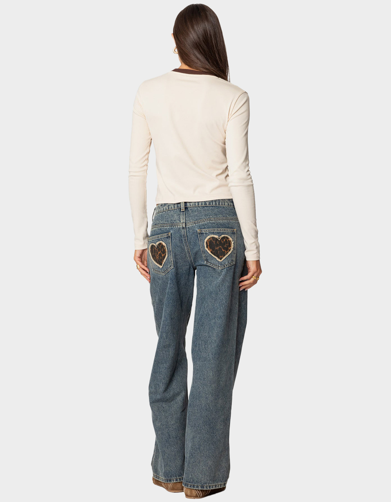 EDIKTED Leopard Heart Low Rise Washed Jeans image number 1