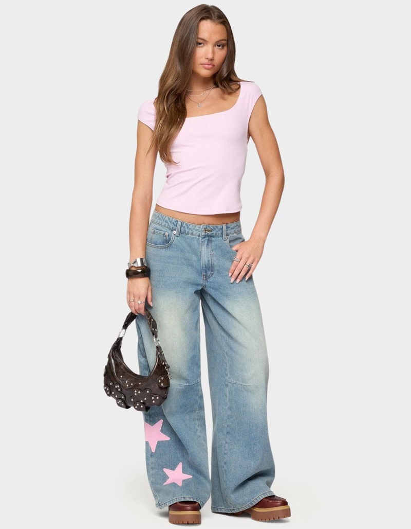 EDIKTED Trish Satin Effect Stars Low Rise Jeans image number 4