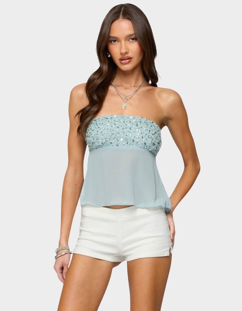 EDIKTED Beadie Sheer Chiffon Strapless Top image number 0
