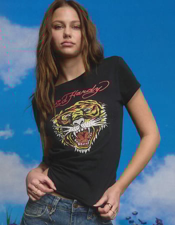 ED HARDY Rhinestone Tiger Head Womens Fitted Tee Primary Image