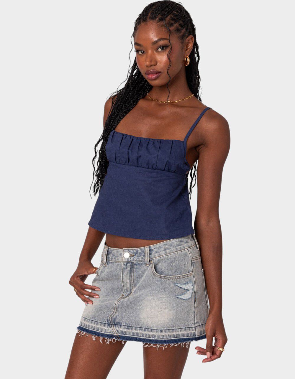 EDIKTED Linen Look Open Back Top - NAVY - M | Tillys