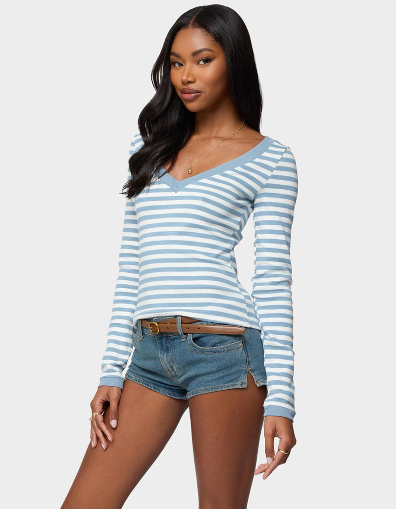 EDIKTED Kimi Striped Long Sleeve V-Neck Top image number 1