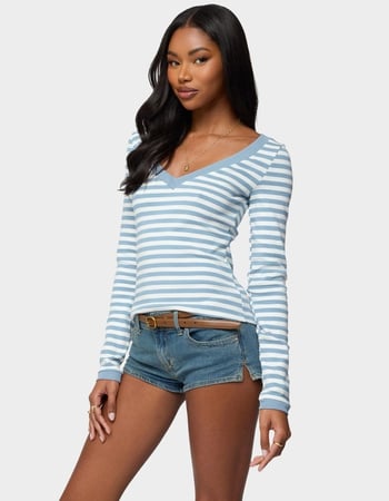 EDIKTED Kimi Striped Long Sleeve V-Neck Top Alternative Image