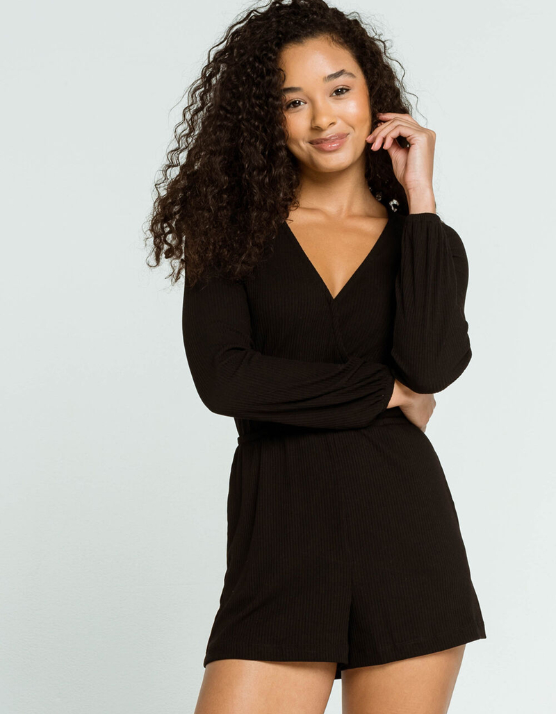 SKY AND SPARROW Surplice Knit Romper BLACK Tillys