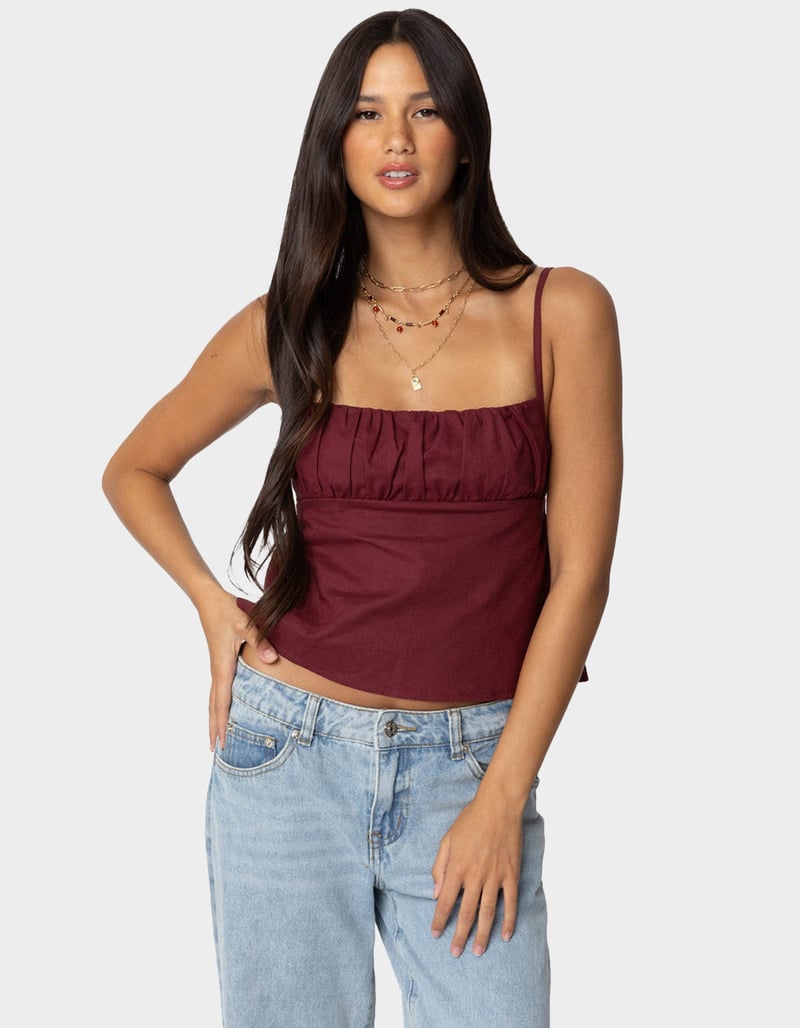 EDIKTED Linen Look Open Back Top DK RED Tillys