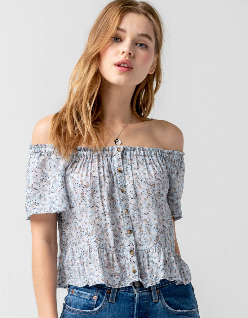 SKY AND SPARROW Ditsy Off The Shoulder Peplum Womens Light Blue Top image number 0