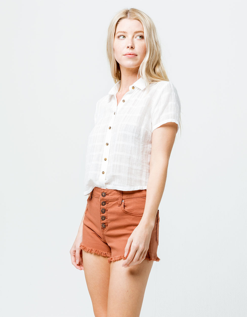 SKY AND SPARROW Exposed Button Rust Womens Mom Shorts image number 0