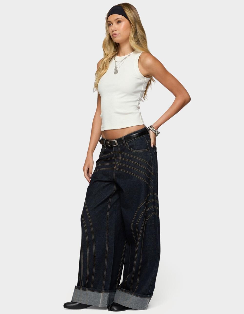 EDIKTED Cuffed Low Rise Wide Leg Jeans - DARK BLUE - XL | Tillys