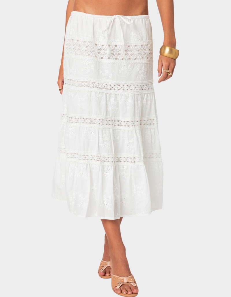 Women's Cotton Solid White Tiered Midi Skirt