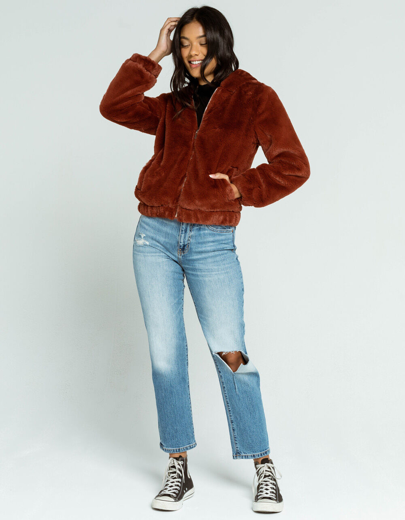 FULL TILT Fur Hooded Womens Rust Bomber Jacket image number 3