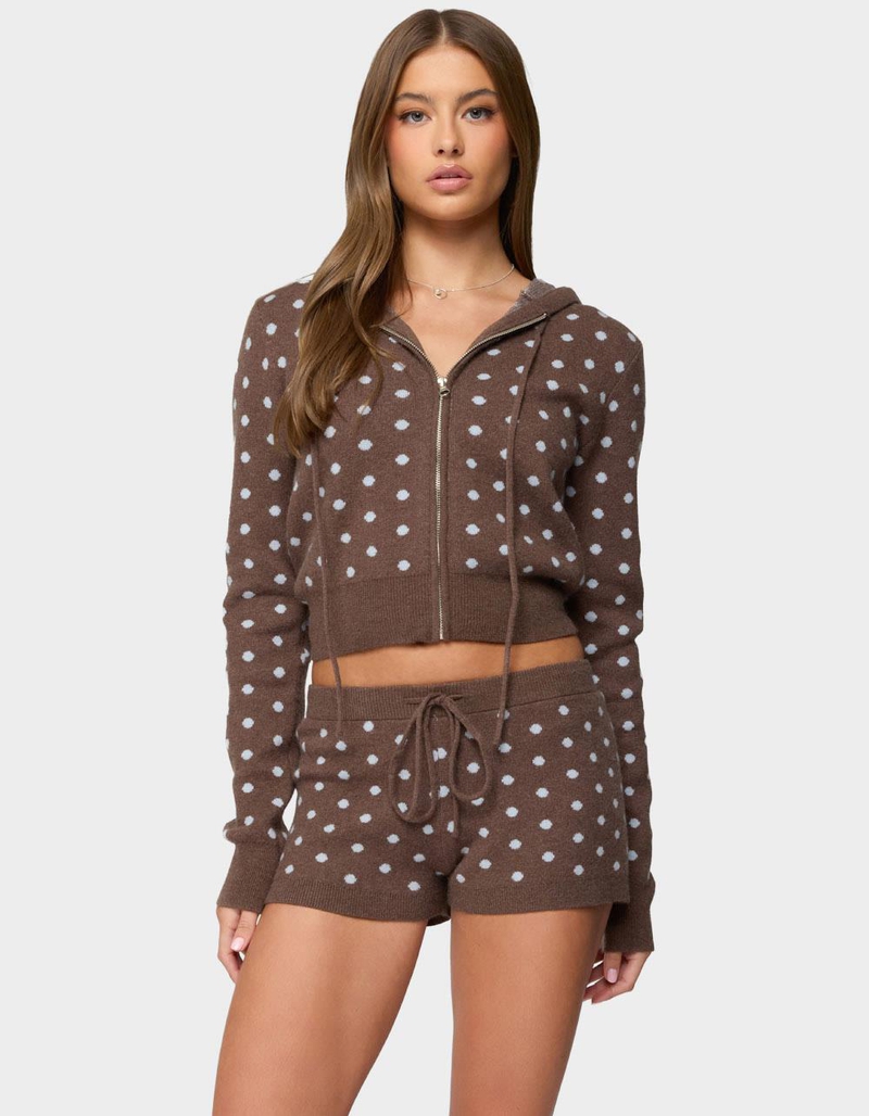EDIKTED Kenny Polka Dot Knit Zip Up Hooded Cardigan image number 0