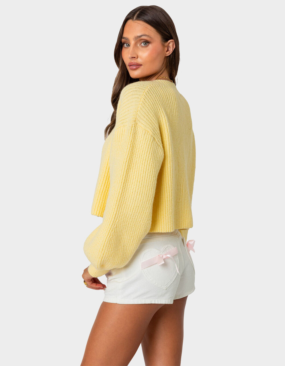 EDIKTED Sabrina Chunky Knit Cropped Cardigan - YELLOW - L | Tillys