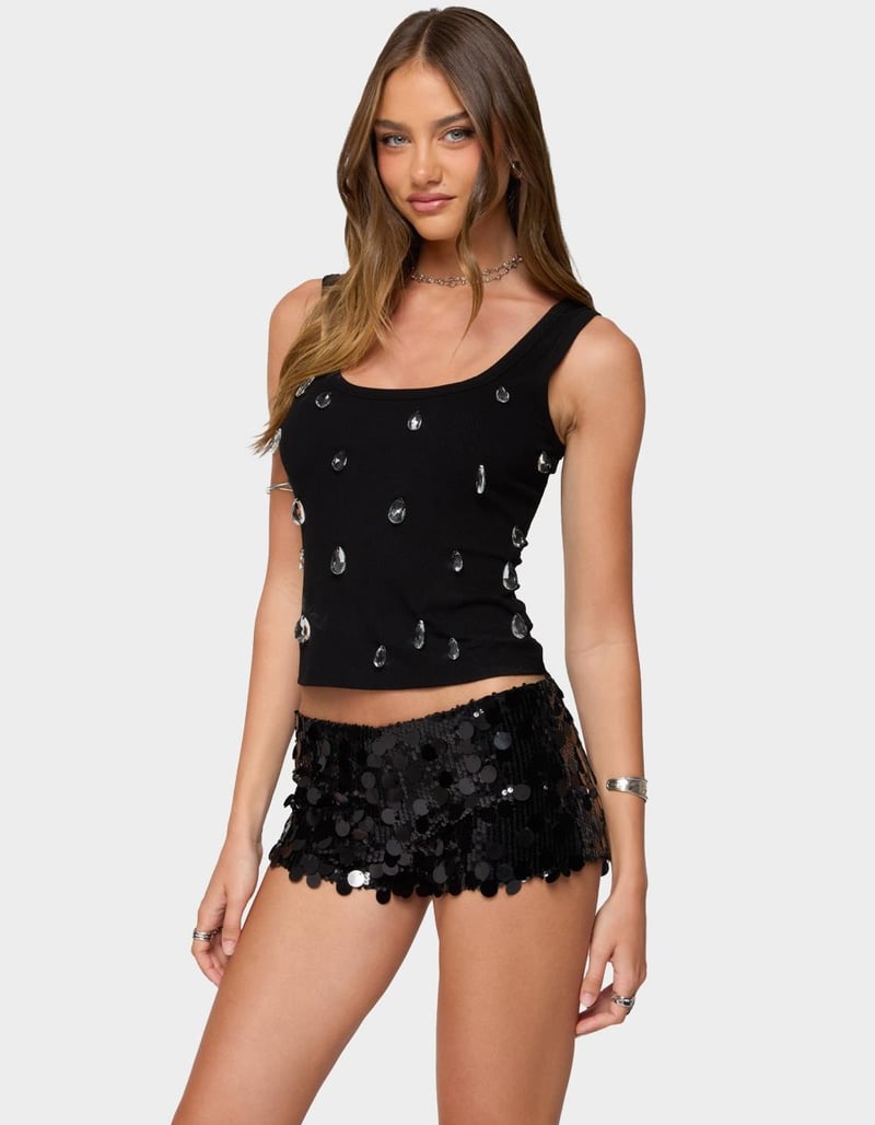 EDIKTED Zelena Faux Crystal Ribbed Tank Top image number 1