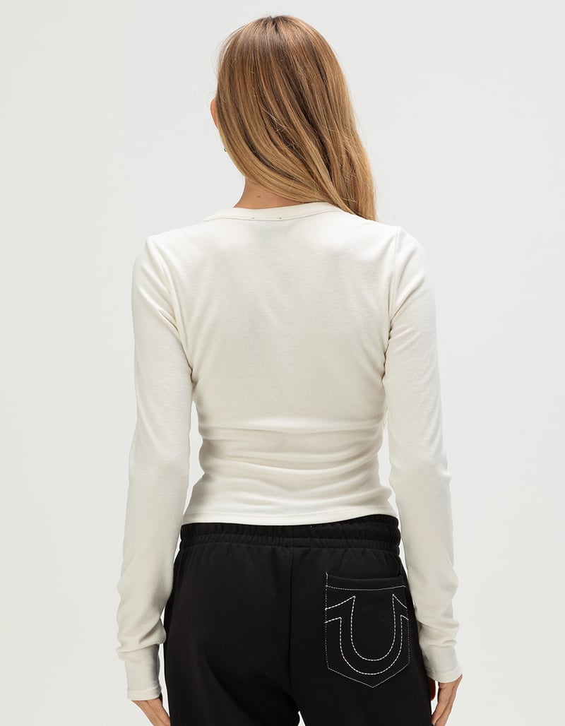 TRUE RELIGION Ribbed Faded Logo Womens Long Sleeve Henley Top image number 3