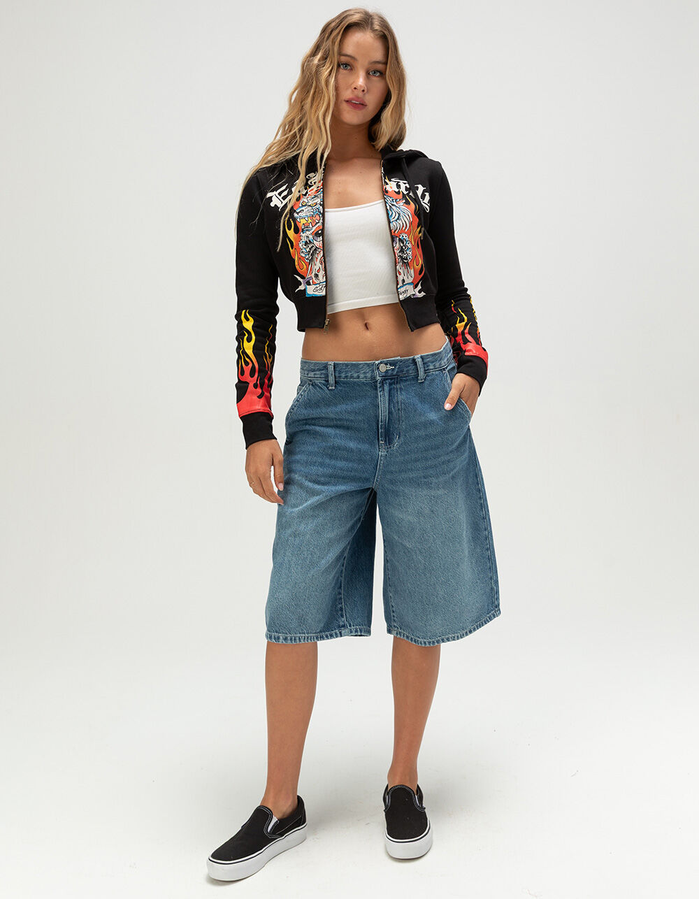 ED HARDY Tiger Flame Womens Crop Zip-Up Hoodie - BLACK - L | Tillys
