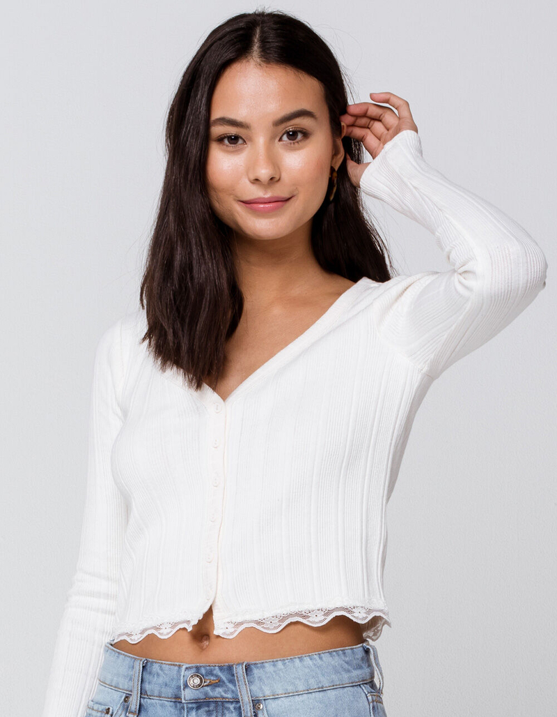 SKY AND SPARROW Lace Trim Button Front Womens Ivory Knit Top image number 0