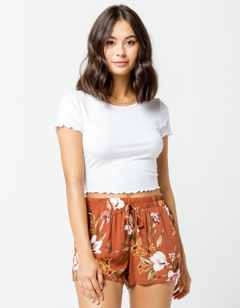 BOZZOLO Ribbed Lettuce Edge White Womens Crop Tee image number 0