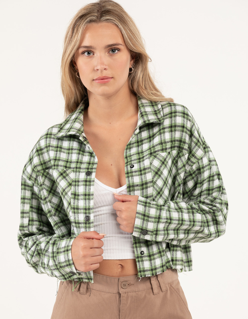 RSQ Womens Plaid Raw Hem Crop Shacket image number 0