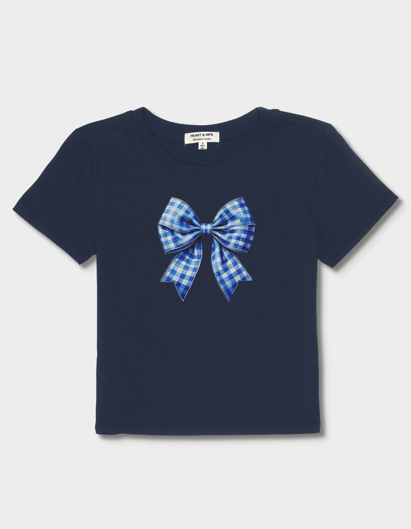BOW Gingham Blue Bow Womens Baby Tee image number 1