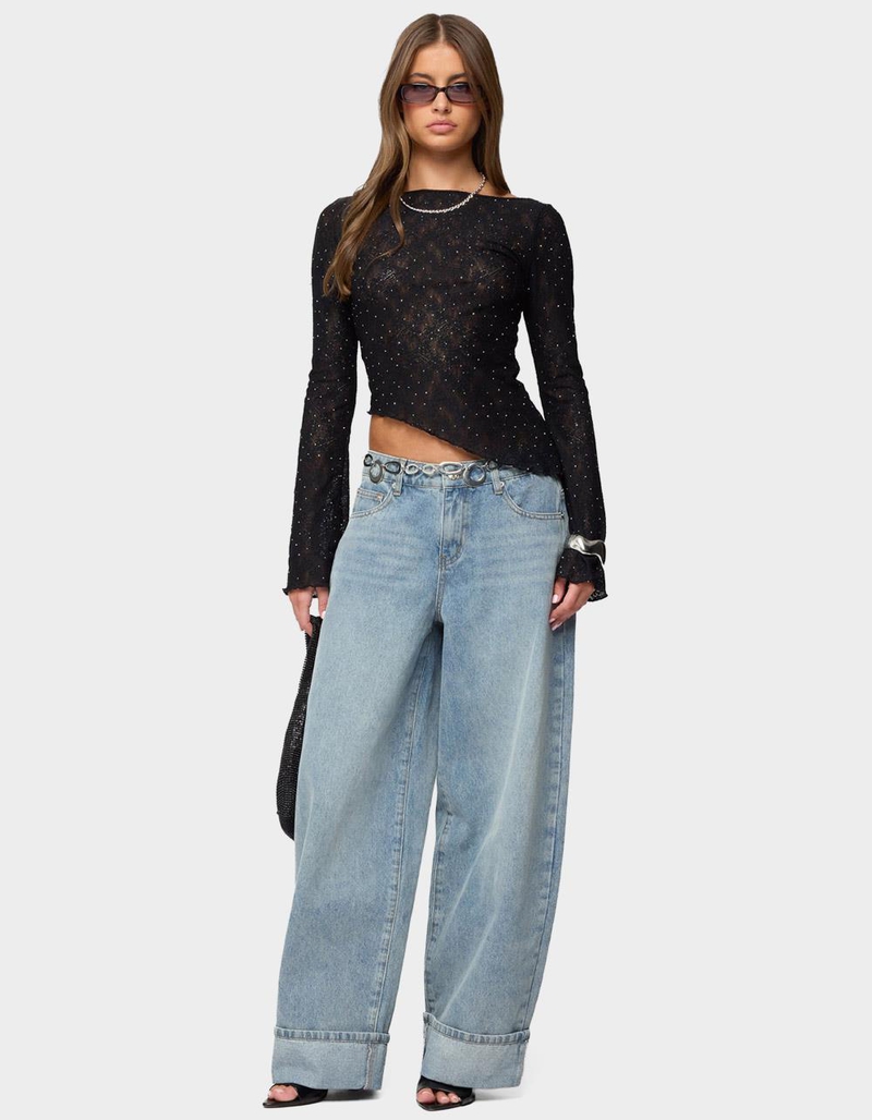 EDIKTED Mare Asymmetric Gem Sheer Lace Top image number 3