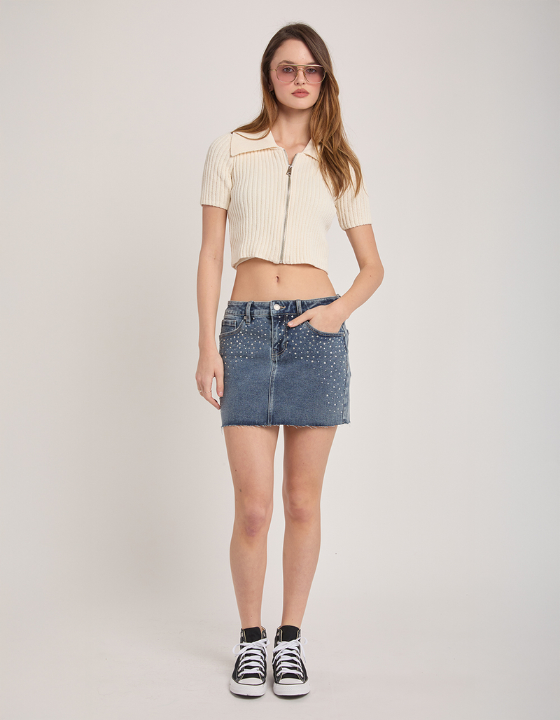 PLAYBOY Rhinestone Raw Hem Womens Denim Skirt image number 0