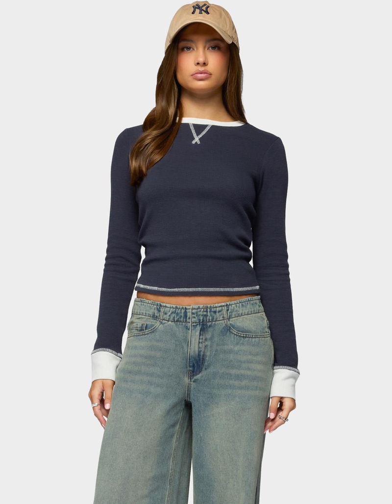 EDIKTED Rora Contrast Long Sleeve Waffle Top image number 0