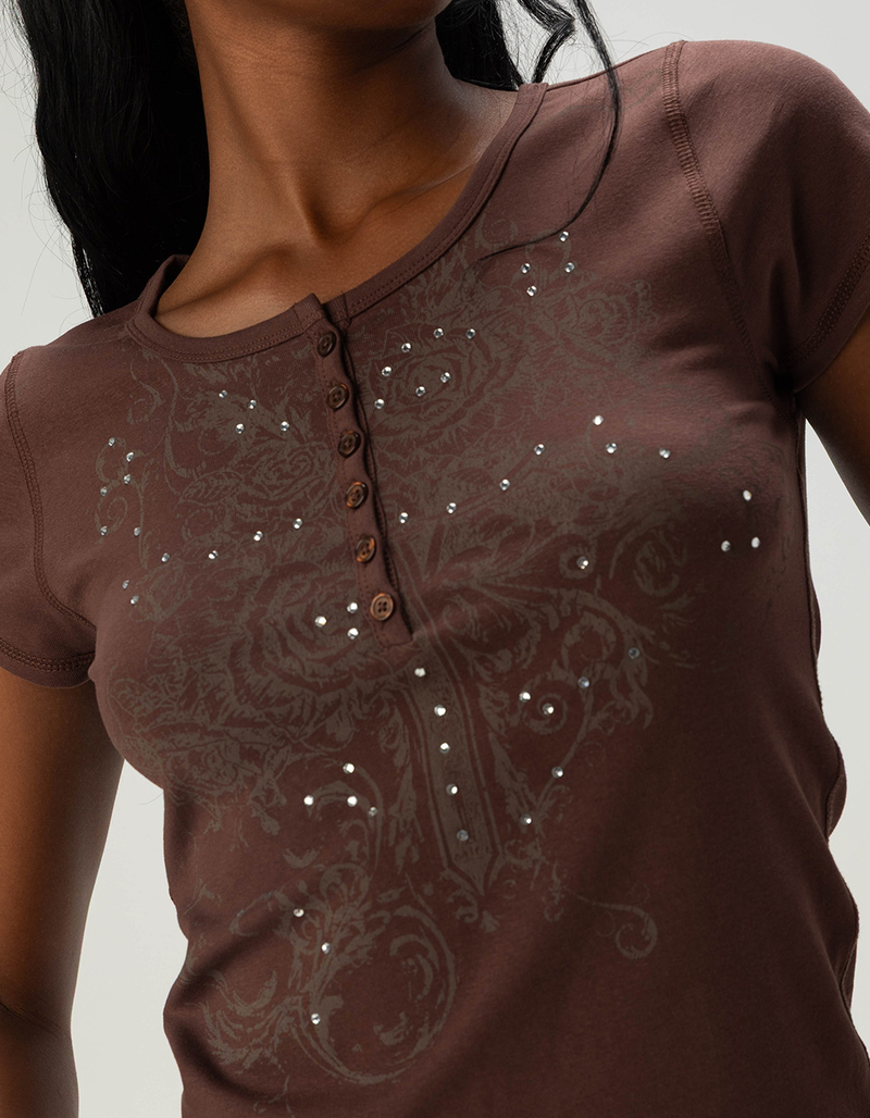 FULL TILT Tattoo Art Rhinestone Womens Henley Baby Tee image number 1