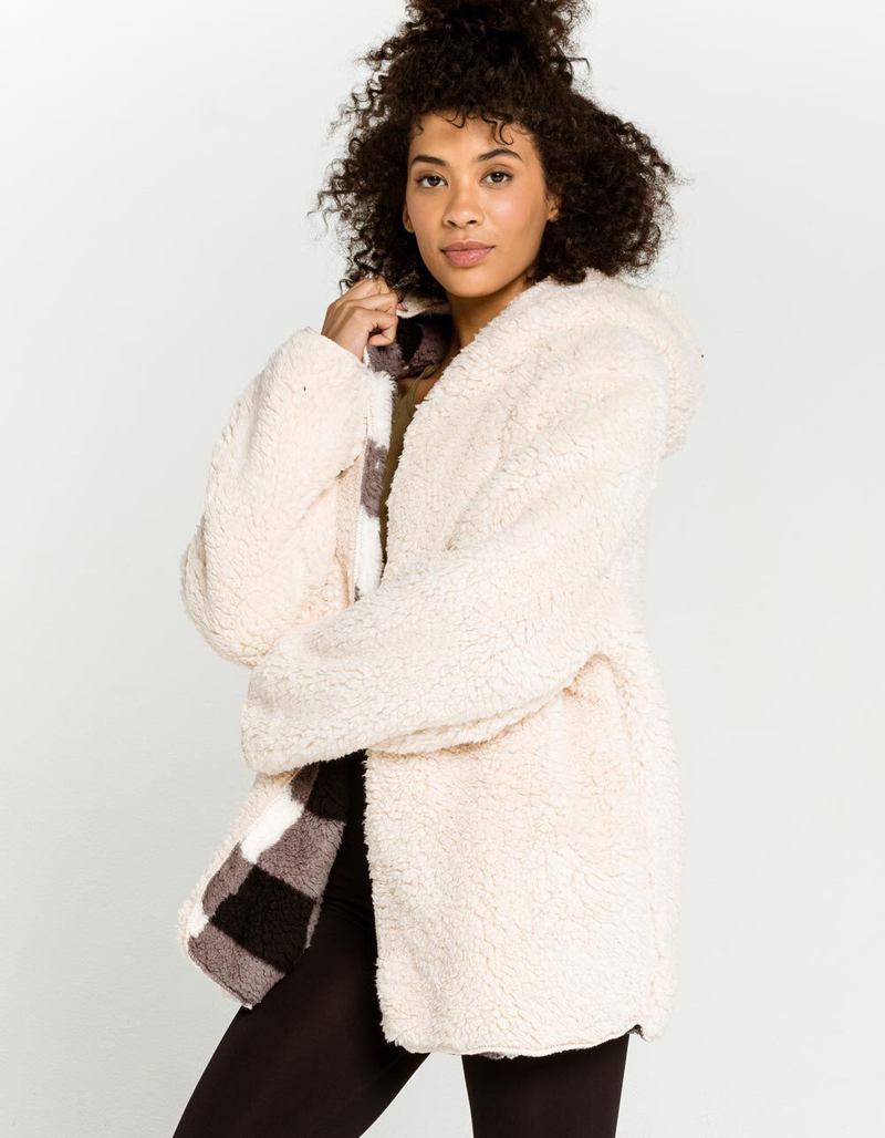 LOVE TREE Reversible Sherpa Womens Black & Ivory Hooded Jacket image number 2