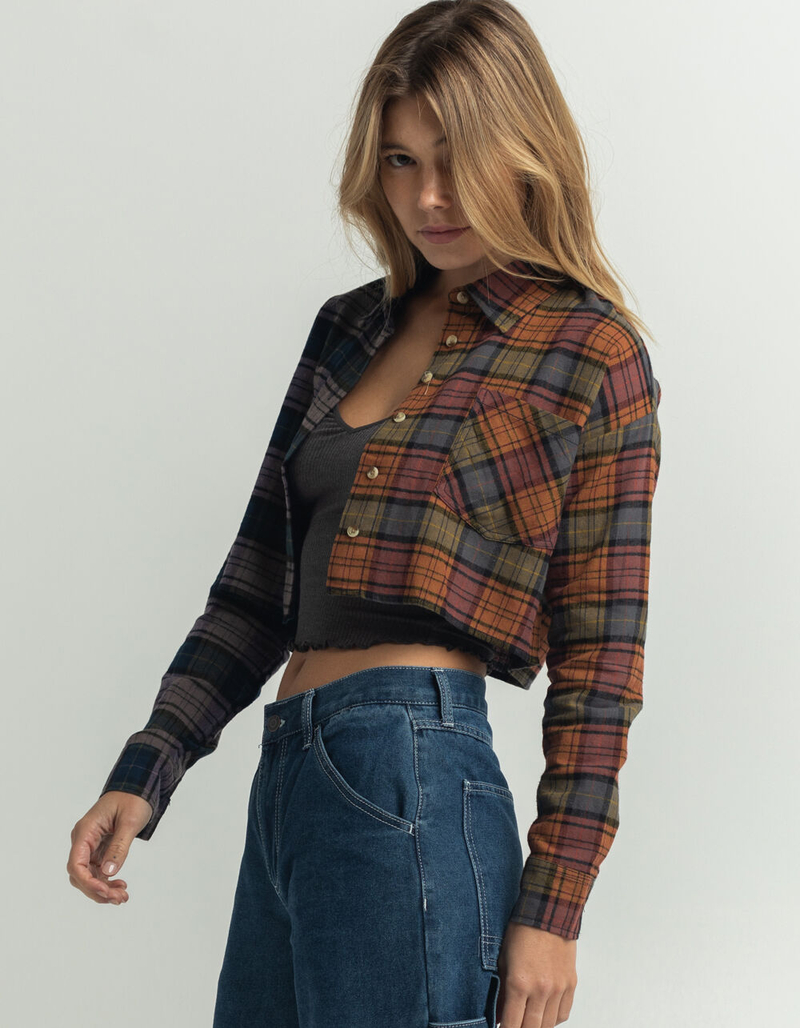 RSQ Womens Plaid Spliced Cropped Flannel image number 1