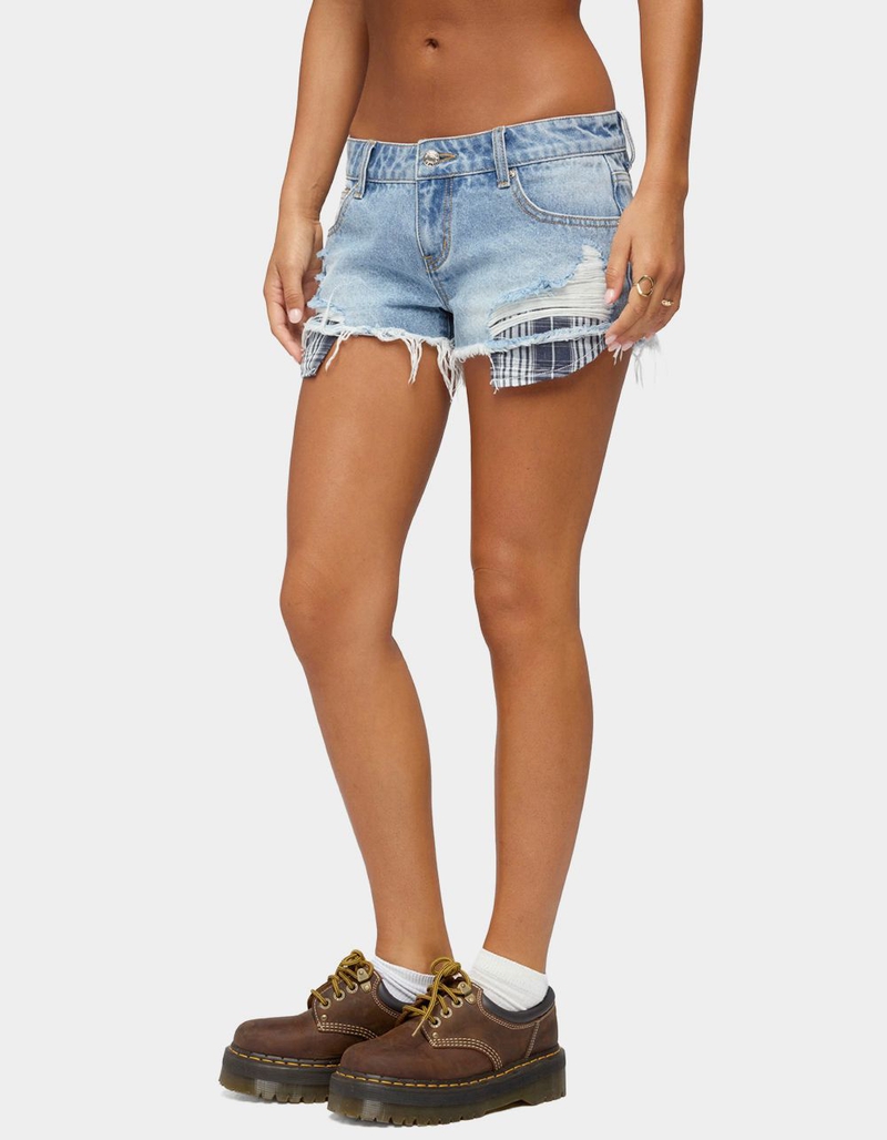 EDIKTED Catrine Plaid Pocket Denim Shorts image number 1