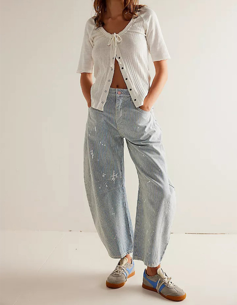 FREE PEOPLE Lucky You Mid-Rise Stripe Womens Barrel Jeans image number 0