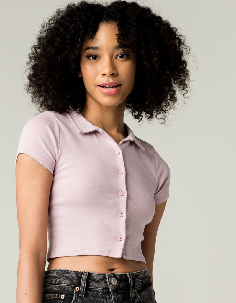 FULL TILT Button Front Womens Lavender Crop Polo Shirt image number 0