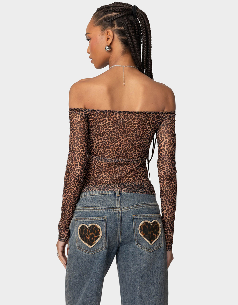 EDIKTED Leopard Sheer Mesh Off Shoulder Top image number 3