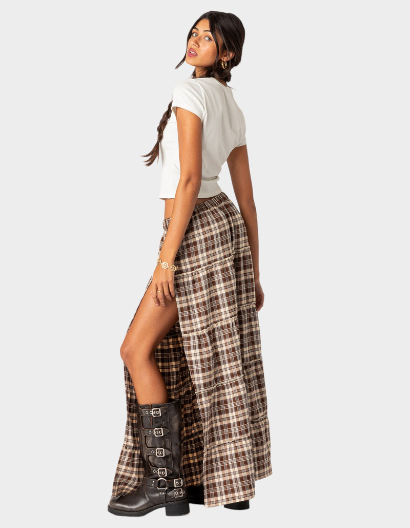 EDIKTED Plaid Side Slit Tiered Womens Maxi Skirt image number 2