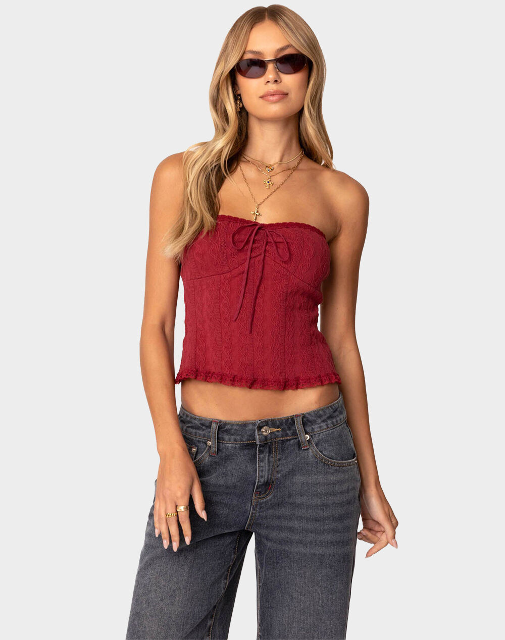 EDIKTED Lacey Knit Tube Top - DK RED | Tillys
