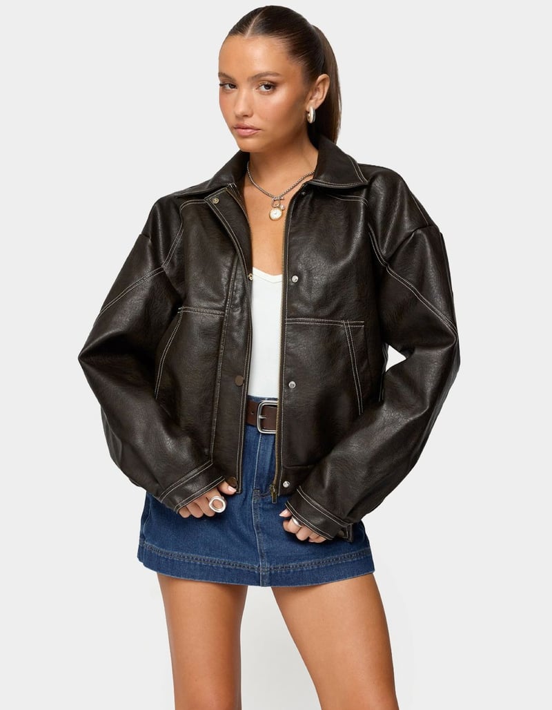 EDIKTED Jaxson Oversized Faux Leather Bomber Jacket - DARK BROWN