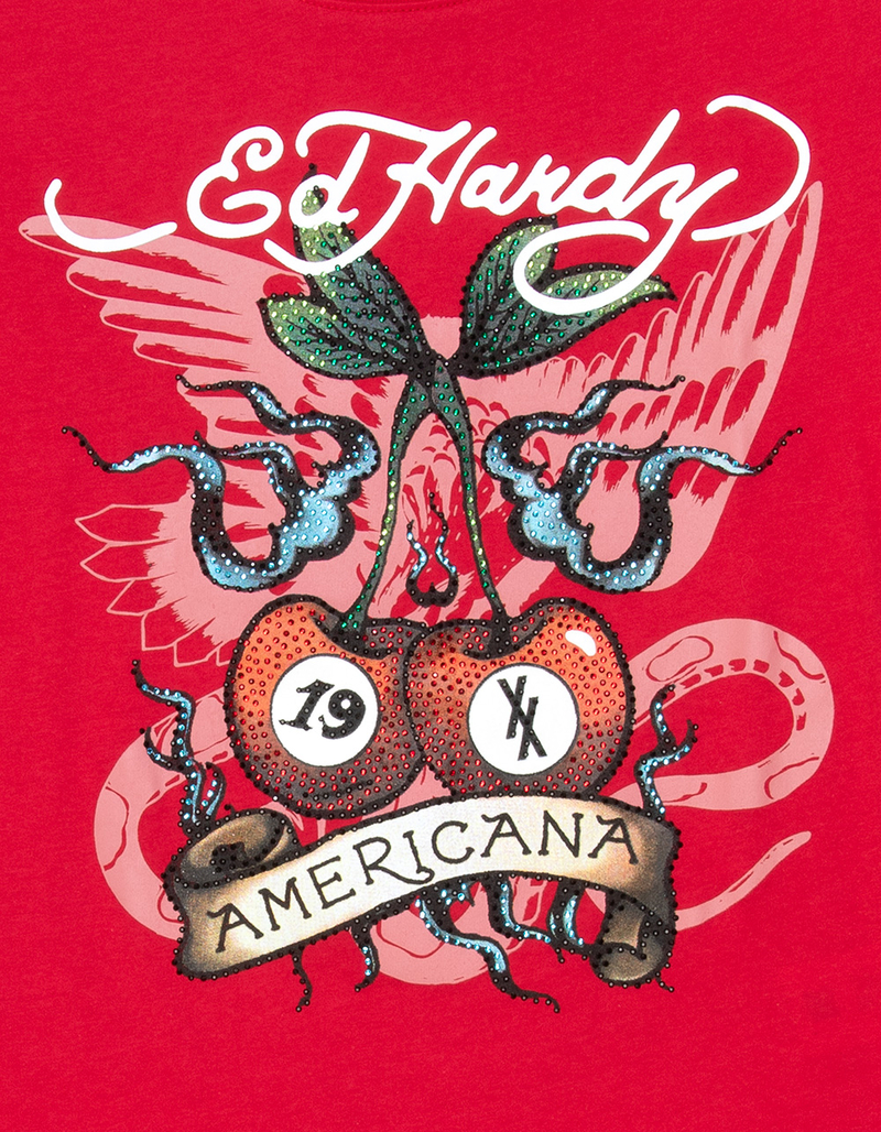 ED HARDY x MGK Cherries Rhinestone Womens Cap Sleeve Tee image number 2