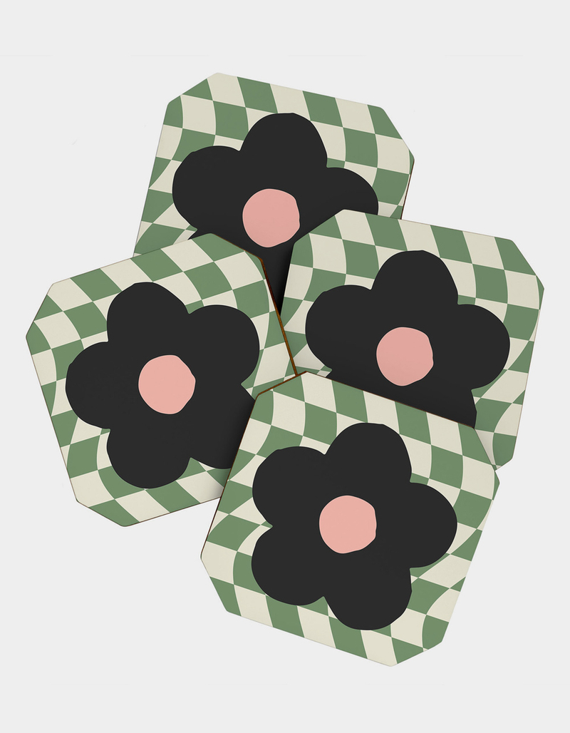 DENY DESIGNS Tartagain A Single Flower Checked Warped Coaster Set of 4 image number 0