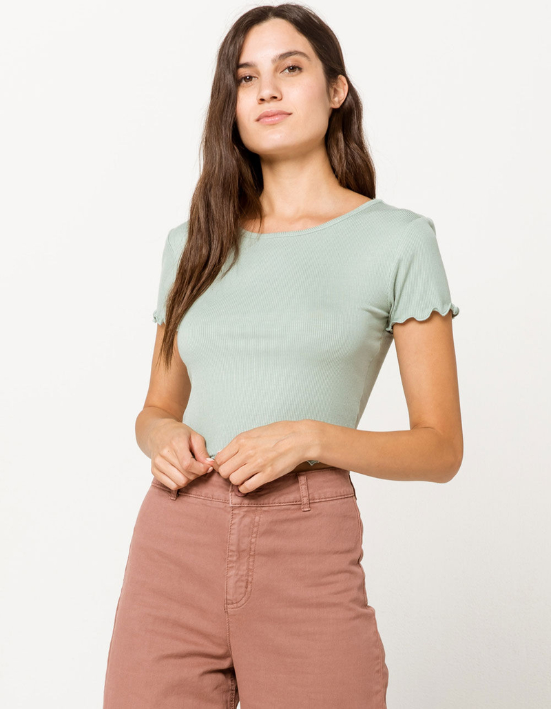 BOZZOLO Ribbed Lettuce Edge Light Green Womens Crop Tee image number 1