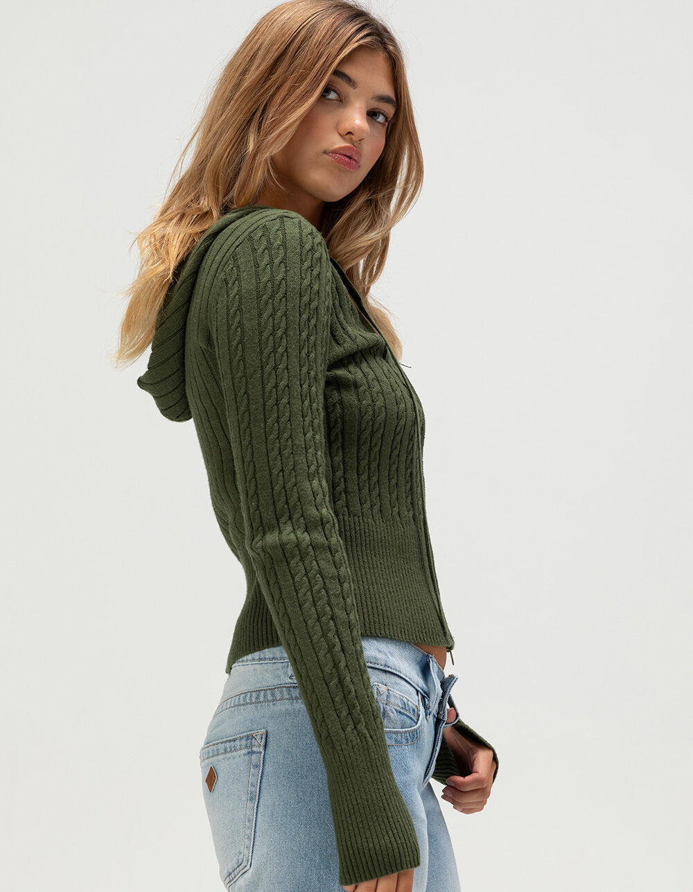 NO COMMENT Cable Knit Womens Zip-Up Hooded Sweater - OLIVE