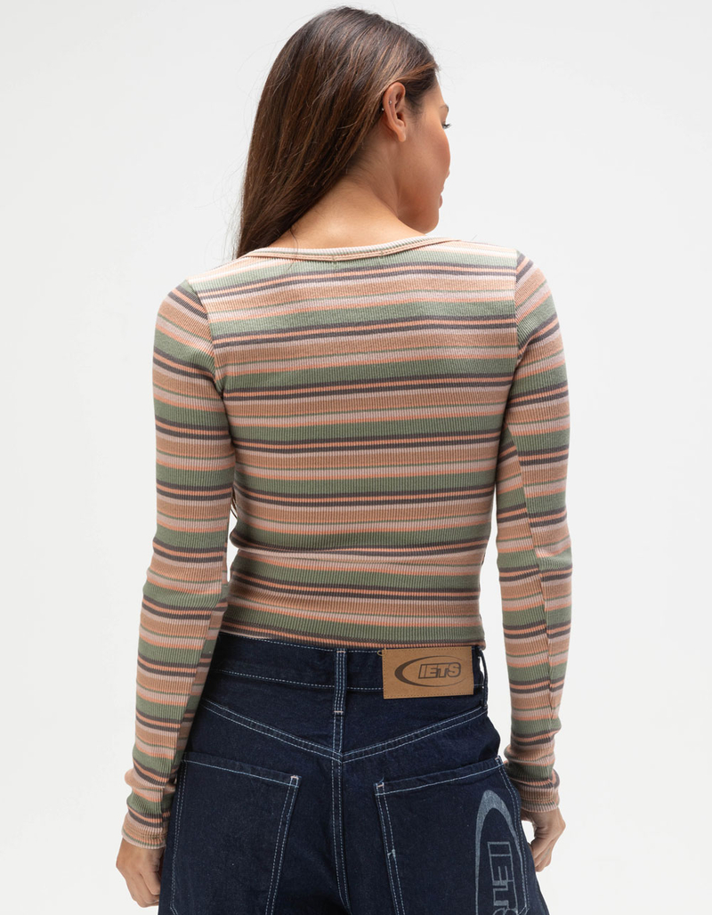 FULL TILT Notch Neck Stripe Womens Long Sleeve Rib Top image number 3