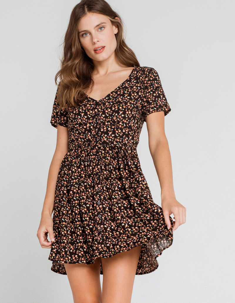 IVY & MAIN Ditsy Button Front Fit N Flare Dress - BLACK - 374080100