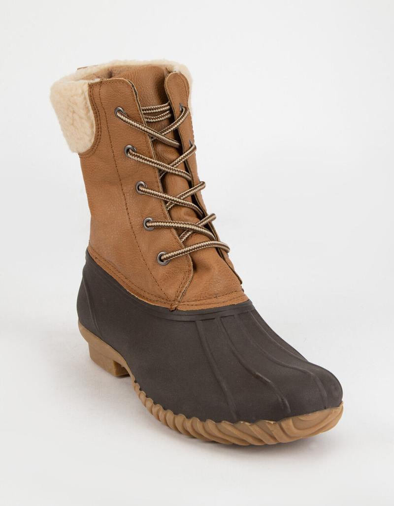 WILD DIVA Shearling Lace Up Tan & Navy Womens Weather Boots image number 1