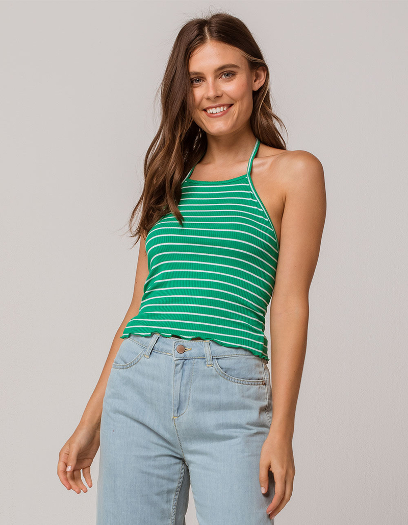 FULL TILT Ribbed Stripe Kelly Womens Halter Crop Top image number 0