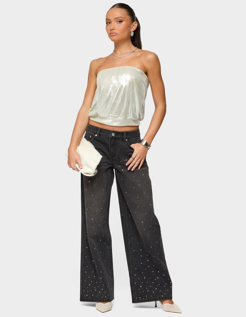 EDIKTED Rhinestone Washed Low Rise Baggy Jeans image number 4