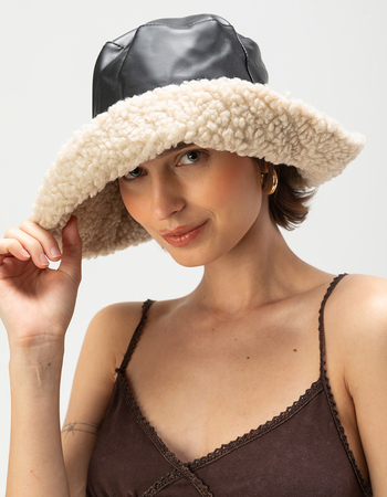 Faux Leather Sherpa Fur Womens Bucket Hat Primary Image